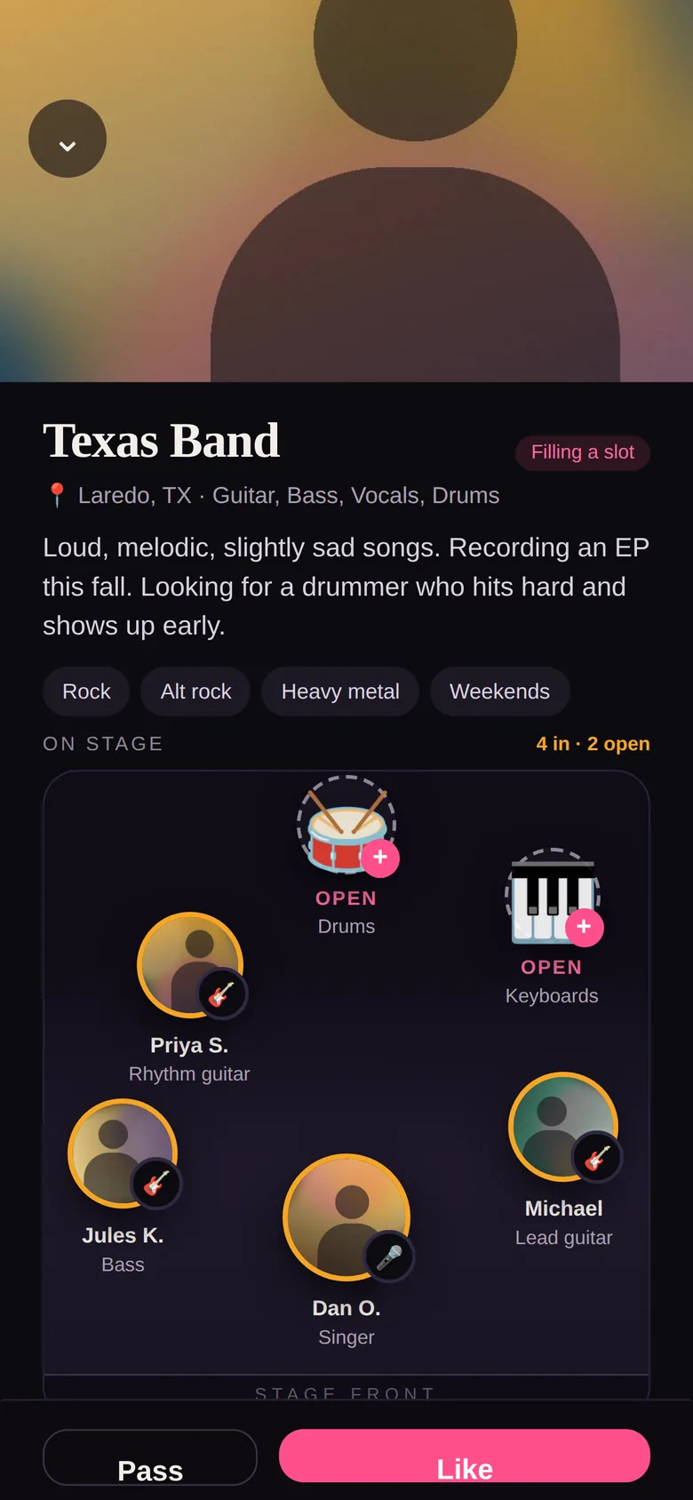 Sidestage band profile with a stage showing each position filled or open