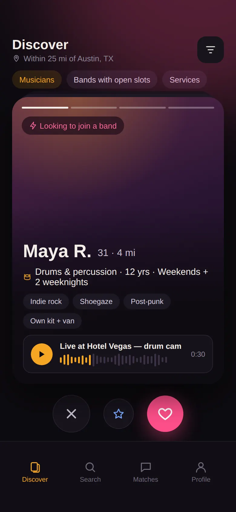 Sidestage discover screen showing a drummer's card with genres, availability and a 30-second audio preview