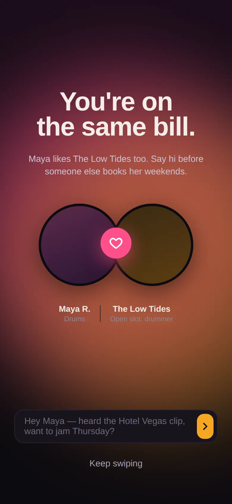 Sidestage match screen reading 'You're on the same bill' with a message box