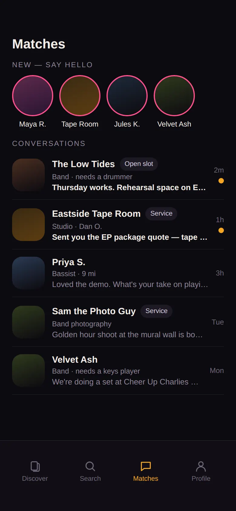 Sidestage matches inbox listing bands, studios and musicians