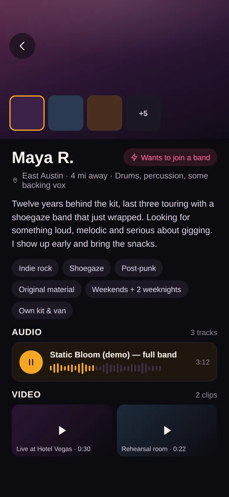 Sidestage musician profile with photos, bio, genres, audio tracks and video clips