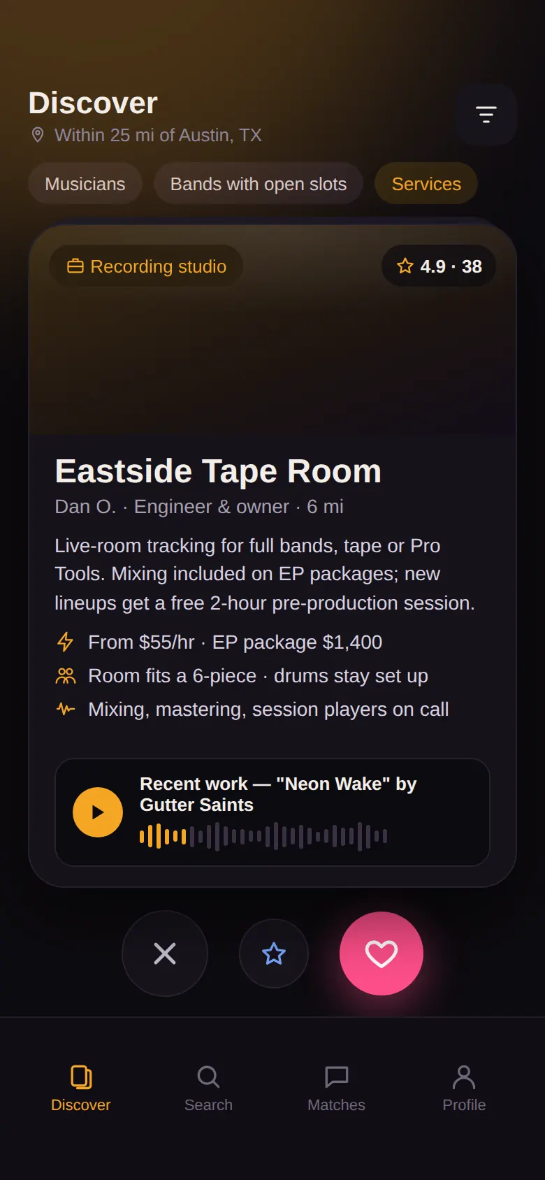 Sidestage services card for a recording studio with rates and a recent-work audio preview